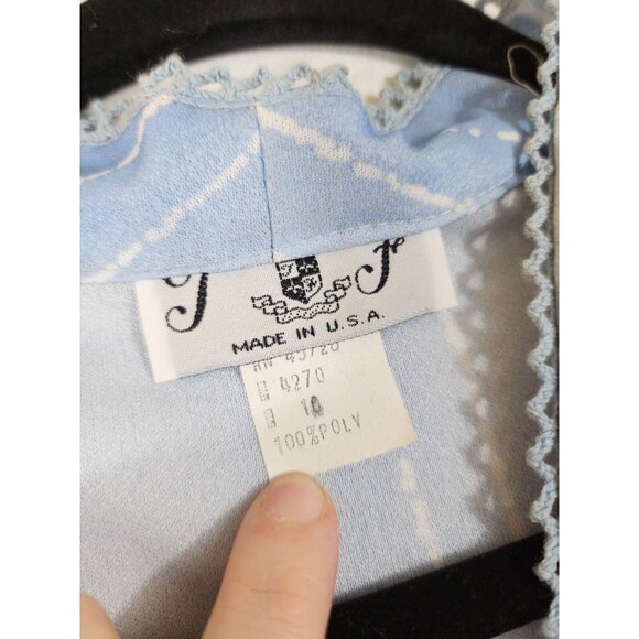 Vintage 80s Size 10 Watercolor Blue Tan Striped V-Neck Short Sleeve Midi Dress - Picture 6 of 6